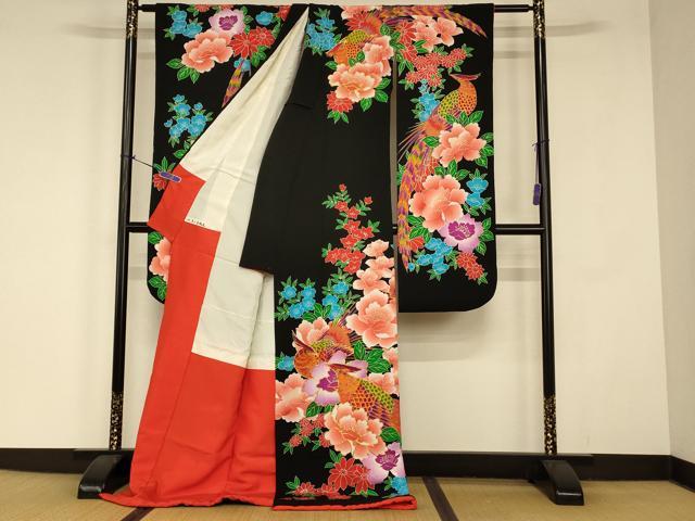 平和屋本店●お引きずり・お引き摺り・引き振袖 和装 結婚式 舞妓 芸妓 芸者 衣装 駒刺繍 草花雉文 黒地 金彩 AABJ2815fw