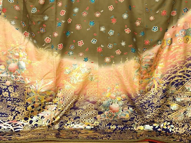 平和屋本店●お引きずり・お引き摺り・引き振袖 和装 結婚式 舞妓 芸妓 芸者 衣装 鳳凰花車文 暈し染め 金銀彩 逸品 AABJ2855fw
