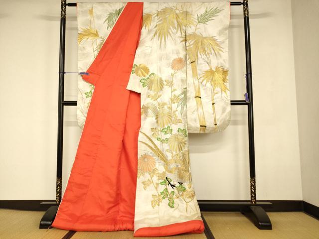 平和屋本店●色打掛 和装 婚礼 結婚式 花嫁 神社挙式 刺繍 笹竹草花雉文 金銀糸 銀通し地 逸品 AABJ2919fw