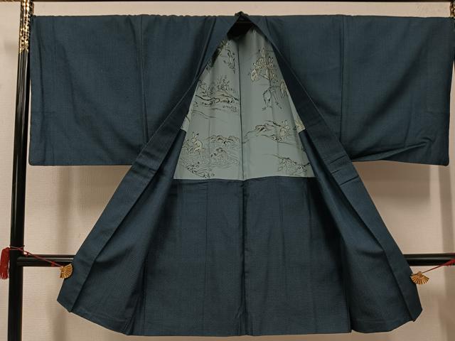 平和屋着物●男性 紬 アンサンブル 100亀甲 総詰め 羽裏:鳥獣戯画 大丸扱い 正絹 逸品 AABJ2922ph