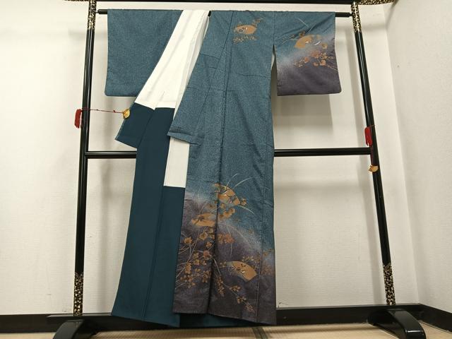 平和屋着物●訪問着 本場大島紬 染大島 竹屋町刺繍 地紙群鶴枝花文 暈し染め 金彩 正絹 逸品 AABJ2929ph
