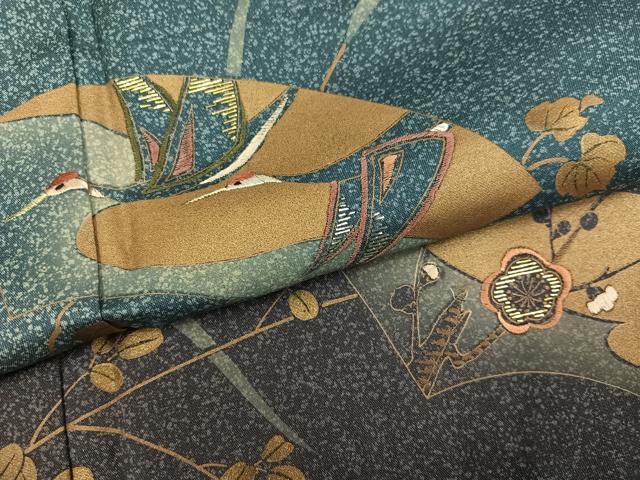 平和屋着物●訪問着 本場大島紬 染大島 竹屋町刺繍 地紙群鶴枝花文 暈し染め 金彩 正絹 逸品 AABJ2929ph
