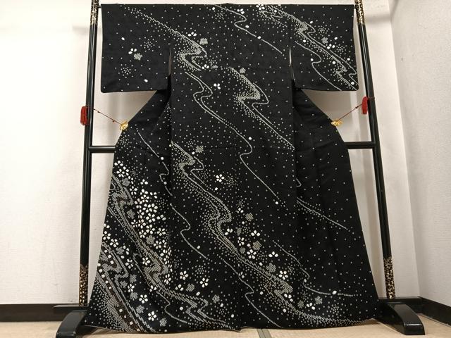 平和屋着物●訪問着 総絞り 流水花文 黒地 金彩 正絹 逸品 AABJ2934ph