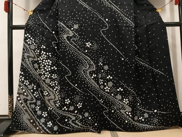 平和屋着物●訪問着 総絞り 流水花文 黒地 金彩 正絹 逸品 AABJ2934ph