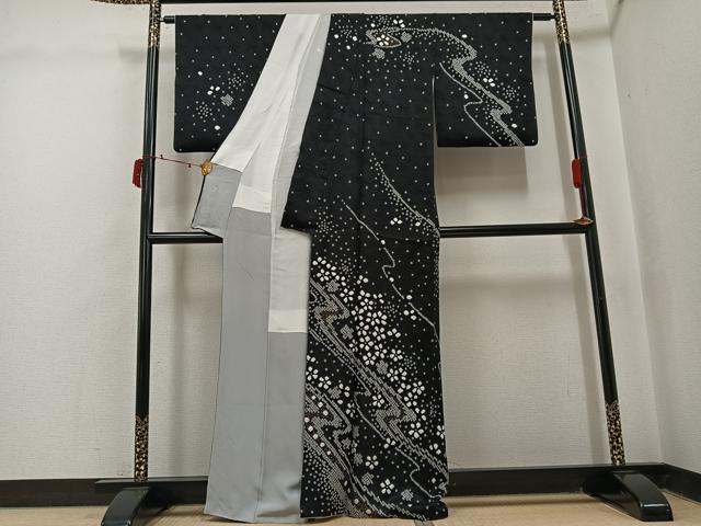 平和屋着物●訪問着 総絞り 流水花文 黒地 金彩 正絹 逸品 AABJ2934ph
