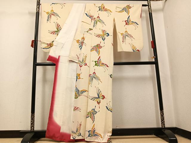 平和屋着物●上質な小紋 型染め 舞蝶文 鬼しぼ縮緬 正絹 逸品 AABJ2935ph