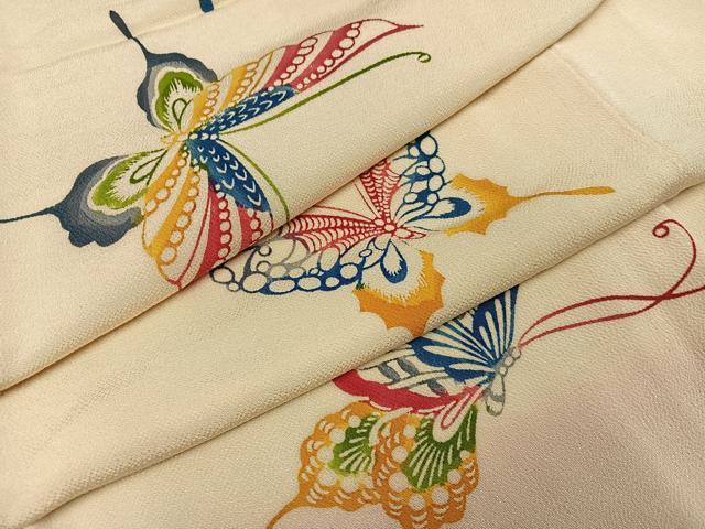 平和屋着物●上質な小紋 型染め 舞蝶文 鬼しぼ縮緬 正絹 逸品 AABJ2935ph