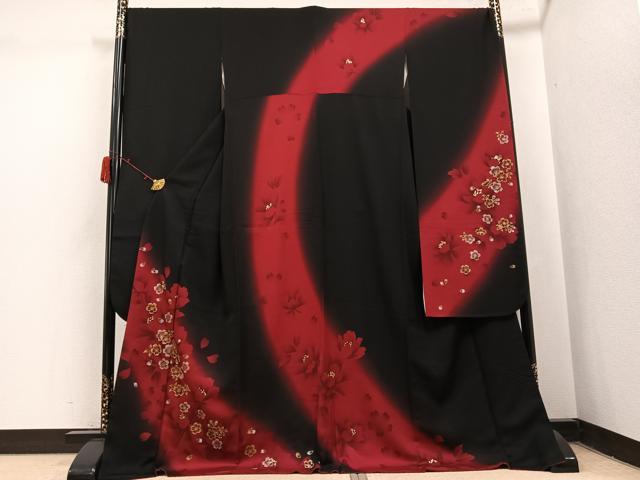 平和屋着物●豪華振袖 夜桜 暈し染め 黒地 金彩 正絹 逸品 AABJ2937ph