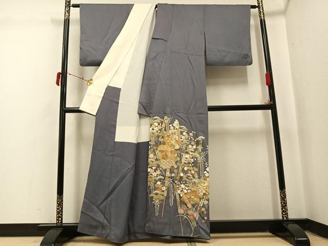 平和屋着物●豪華色留袖 駒刺繍 扇面吉祥草花文 金彩 正絹 逸品 AABJ2941ph