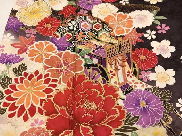平和屋着物●豪華振袖 駒刺繍 御所車花文 暈し染め 金彩 正絹 逸品 AABJ2960ph