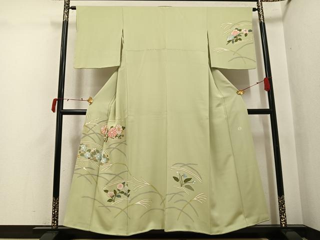 平和屋着物●京友禅作家 米沢新之助 訪問着 駒刺繍 草花文 金彩 正絹 逸品 AABJ3006ph