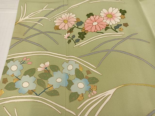 平和屋着物●京友禅作家 米沢新之助 訪問着 駒刺繍 草花文 金彩 正絹 逸品 AABJ3006ph