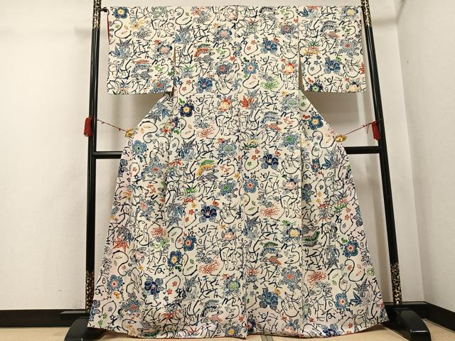 平和屋着物●上質な小紋 型染め 花鳥文字文 鬼しぼ縮緬 正絹 逸品 AABJ3017ph