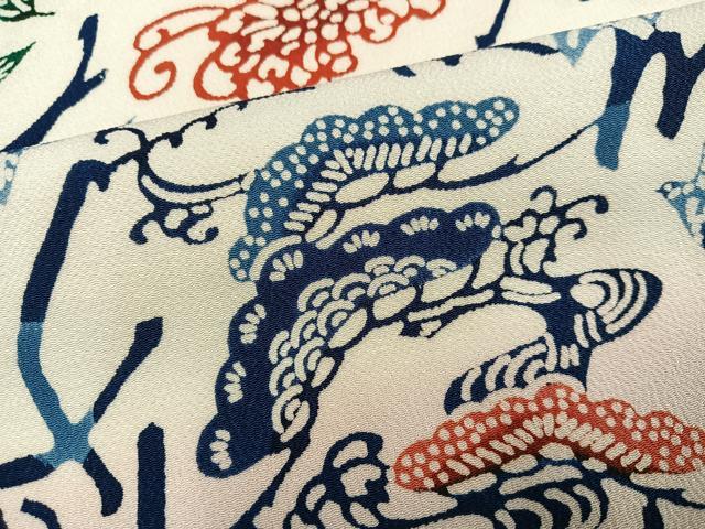 平和屋着物●上質な小紋 型染め 花鳥文字文 鬼しぼ縮緬 正絹 逸品 AABJ3017ph
