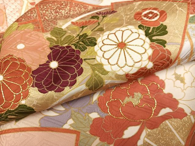 平和屋着物●豪華振袖 駒刺繍 檜扇草花文 金彩 正絹 逸品 AABJ3019ph