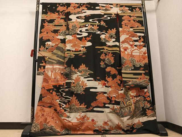 平和屋本店●アンティーク 大正ロマン 振袖 駒刺繍 松竹梅風景文 黒地 金銀彩 ロング丈 正絹 逸品 AABJ3028ph