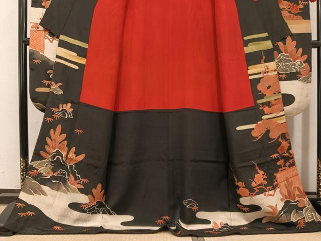 平和屋本店●アンティーク 大正ロマン 振袖 駒刺繍 松竹梅風景文 黒地 金銀彩 ロング丈 正絹 逸品 AABJ3028ph