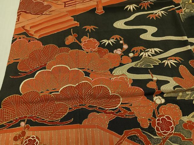 平和屋本店●アンティーク 大正ロマン 振袖 駒刺繍 松竹梅風景文 黒地 金銀彩 ロング丈 正絹 逸品 AABJ3028ph