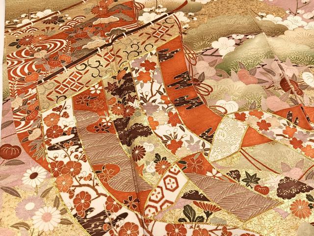 平和屋着物●豪華振袖 駒刺繍 几帳草花文 金彩 正絹 逸品 AABJ3036ph