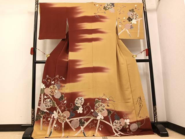 平和屋着物●藤あや子 訪問着 駒刺繍 花唐草文 暈し染め 金彩 鬼しぼ縮緬 銀座もとじ 正絹 逸品 AABJ3039ph
