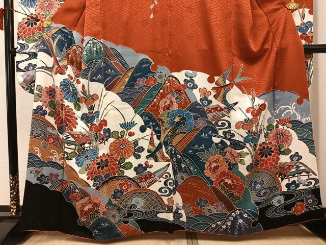 平和屋着物●豪華振袖 紅型 風景花鳥文 正絹 逸品 AABJ3047ph