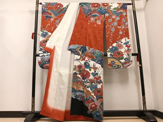 平和屋着物●豪華振袖 紅型 風景花鳥文 正絹 逸品 AABJ3047ph