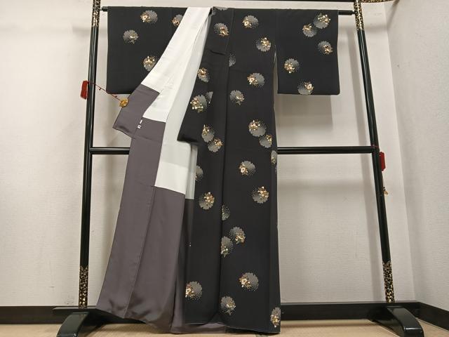 平和屋着物●上質な小紋 花草子 黒地 丹後ちりめん 反端付き 正絹 逸品 AABJ3051ph