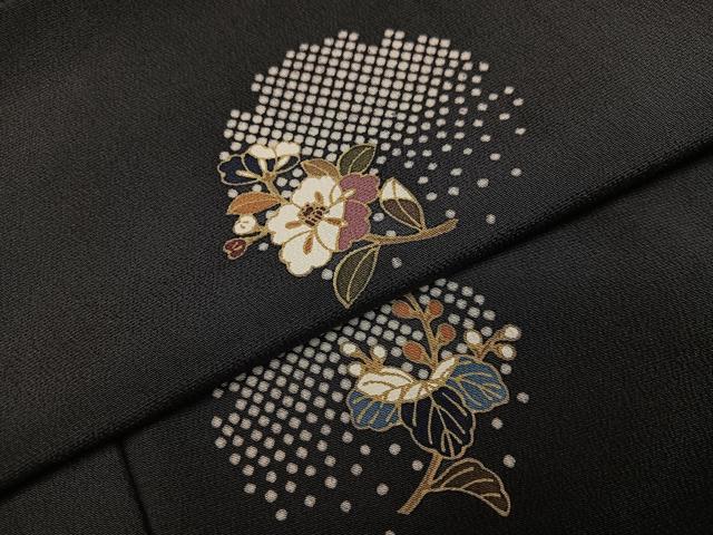 平和屋着物●上質な小紋 花草子 黒地 丹後ちりめん 反端付き 正絹 逸品 AABJ3051ph