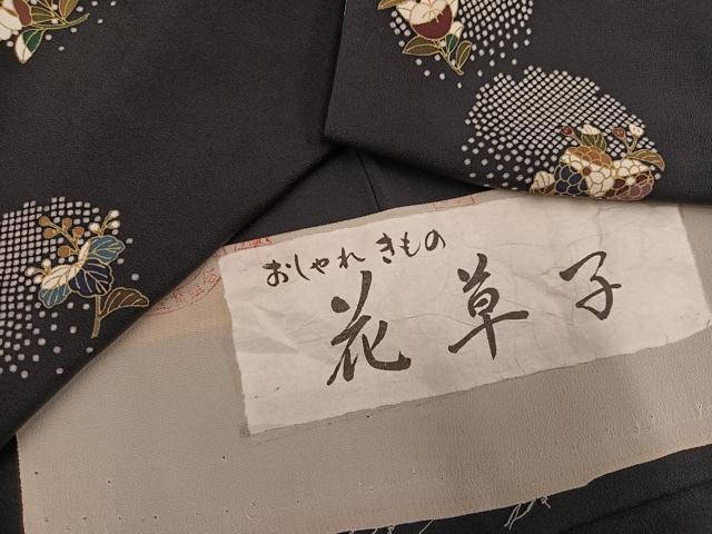 平和屋着物●上質な小紋 花草子 黒地 丹後ちりめん 反端付き 正絹 逸品 AABJ3051ph