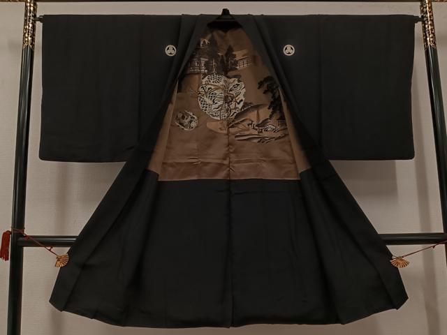 平和屋着物●男性 黒紋付・羽織セット 正絹 逸品 AABJ3052ph