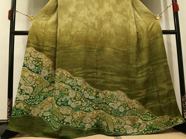 平和屋着物●訪問着 辻が花 絞り 榛色 金通し地 正絹 逸品 AABJ3070ph