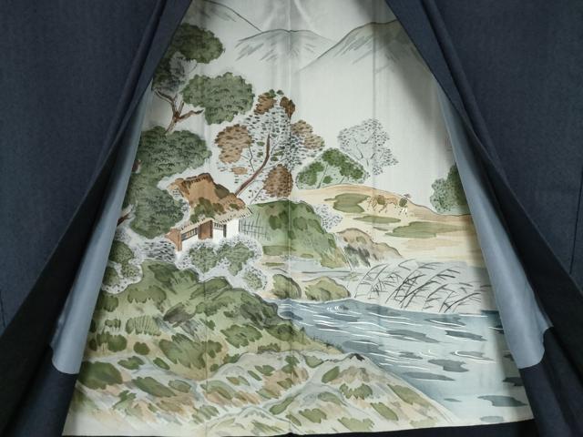 平和屋着物●男性 本場大島紬 薩摩結城 アンサンブル 長襦袢(袷)セット 色無地 藍鉄色 証紙付き 正絹 逸品 AABJ3124ck