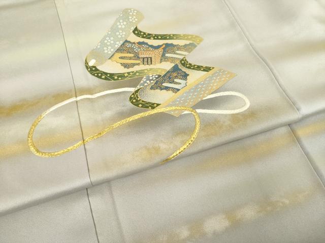 平和屋着物●人間国宝 福田喜三郎 訪問着 刺繍 絵巻文 暈し染め 金彩 正絹 逸品 AABJ3142ck