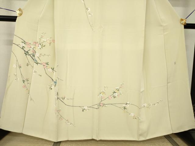 平和屋着物●訪問着 友禅 作家物 枝花文 鳥の子色地 正絹 逸品 AABJ3143ck