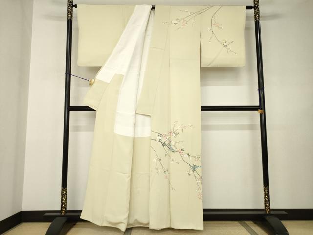平和屋着物●訪問着 友禅 作家物 枝花文 鳥の子色地 正絹 逸品 AABJ3143ck