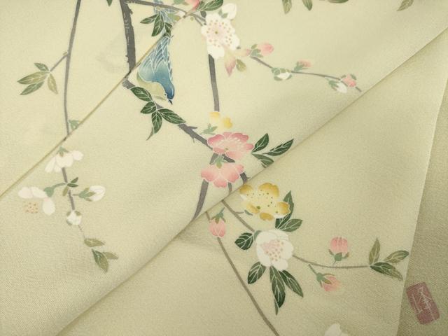 平和屋着物●訪問着 友禅 作家物 枝花文 鳥の子色地 正絹 逸品 AABJ3143ck