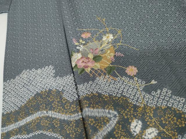 平和屋着物●訪問着 中国三大刺繍 汕頭刺繍 スワトウ刺繍 駒刺繍 絞り 雪輪草花文 銀糸 金彩 正絹 逸品 AABJ3164cs
