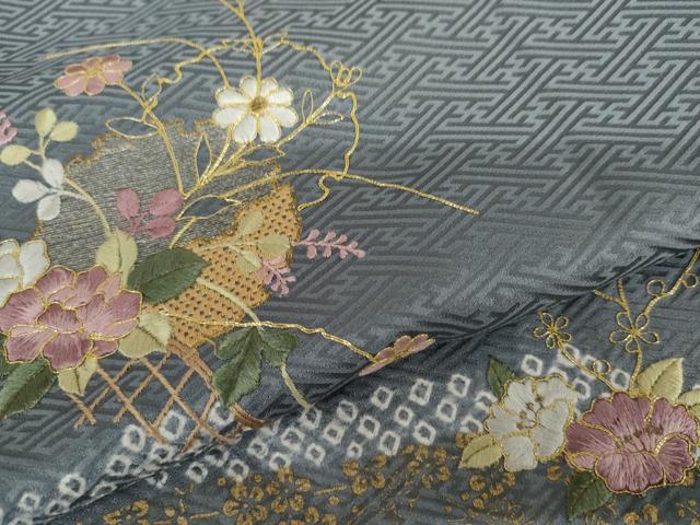 平和屋着物●訪問着 中国三大刺繍 汕頭刺繍 スワトウ刺繍 駒刺繍 絞り 雪輪草花文 銀糸 金彩 正絹 逸品 AABJ3164cs