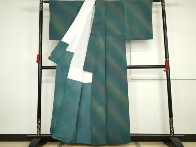 平和屋着物●幻想天目染 墨流しの第一人者 薗部正典 小紋 霞斜縞 暈し染め 正絹 逸品 AABJ3177cs