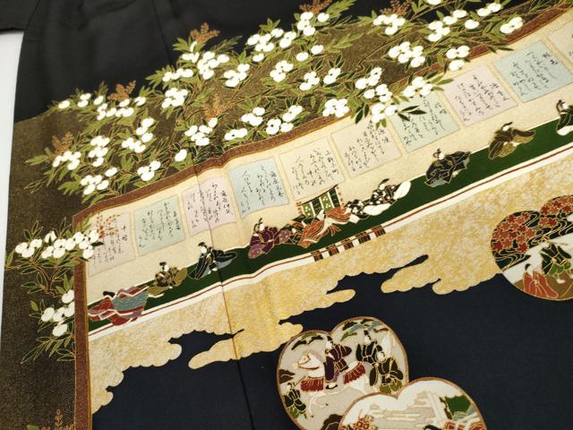 平和屋着物●松尾光琳 黒留袖 駒刺繍 橘三十六歌仙図 金彩 正絹 逸品 AABJ3182cs