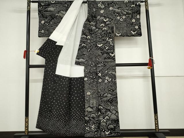 平和屋着物●訪問着 総絞り 松竹梅風景文 黒地 正絹 逸品 AABJ3231cs