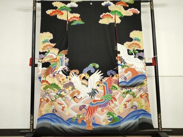 平和屋本店●アンティーク 大正ロマン 振袖 刺繍 立波吉祥飛鶴文 金銀糸 金銀彩 正絹 逸品 AABJ3256cs