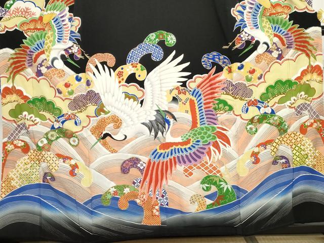 平和屋本店●アンティーク 大正ロマン 振袖 刺繍 立波吉祥飛鶴文 金銀糸 金銀彩 正絹 逸品 AABJ3256cs