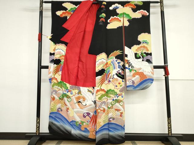 平和屋本店●アンティーク 大正ロマン 振袖 刺繍 立波吉祥飛鶴文 金銀糸 金銀彩 正絹 逸品 AABJ3256cs