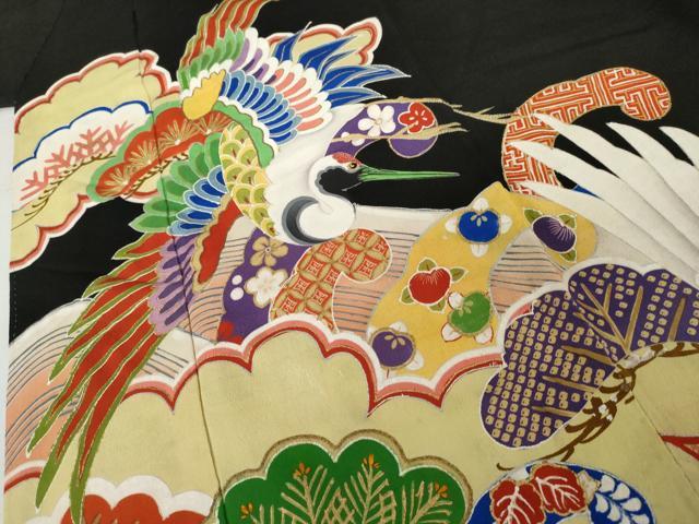 平和屋本店●アンティーク 大正ロマン 振袖 刺繍 立波吉祥飛鶴文 金銀糸 金銀彩 正絹 逸品 AABJ3256cs
