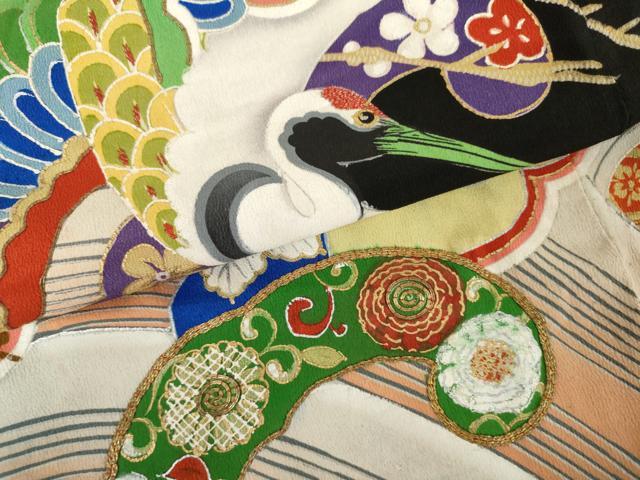 平和屋本店●アンティーク 大正ロマン 振袖 刺繍 立波吉祥飛鶴文 金銀糸 金銀彩 正絹 逸品 AABJ3256cs