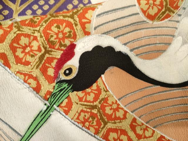 平和屋本店●アンティーク 大正ロマン 振袖 刺繍 立波吉祥飛鶴文 金銀糸 金銀彩 正絹 逸品 AABJ3256cs