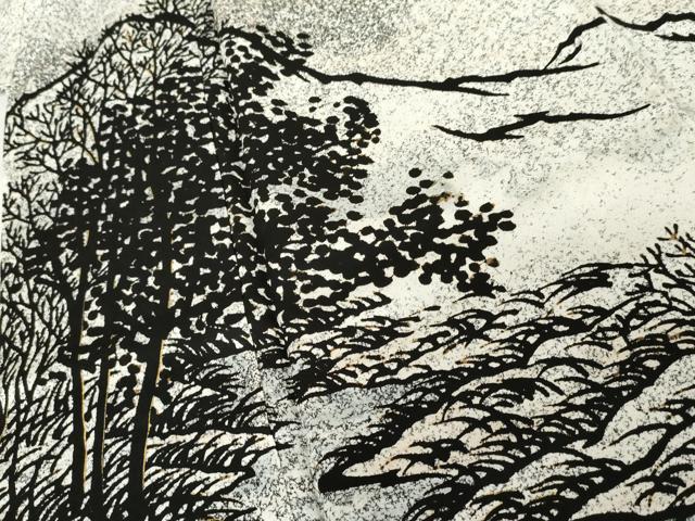 平和屋着物●男性 東京手描友禅 寺澤森秋 訪問着 風景文 枝葉シルエット たたき染め 金彩 正絹 逸品 AABJ3261cs