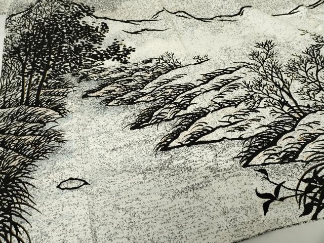 平和屋着物●男性 東京手描友禅 寺澤森秋 訪問着 風景文 枝葉シルエット たたき染め 金彩 正絹 逸品 AABJ3261cs