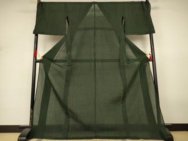 平和屋着物*夏物 小千谷ちぢみ 縞 緑色×黒色 ロング丈 麻 逸品 AABJ3327jd